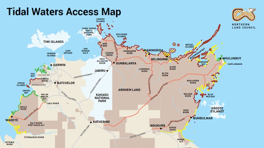 A graphic map showing NT coastal waters, with a colour-coded system to show which areas require permits for access.