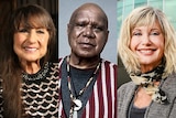 A composite photo shows an Aboriginal man flanked by two white women.,