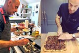 Composite of actor Stanley Tucci cooking in his home.