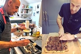 Composite of actor Stanley Tucci cooking in his home.