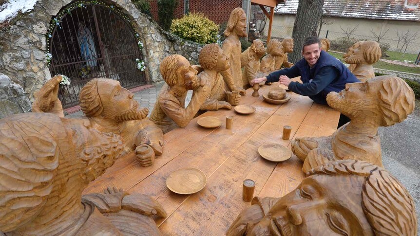 Peter Srank installs his life-sized sculptures of The Last Supper