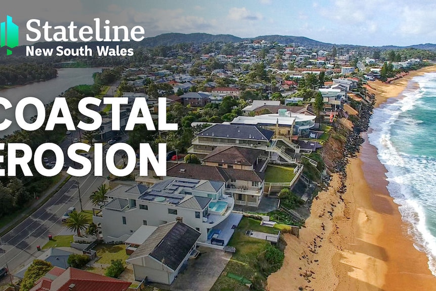 Coastal Erosion, An aerial shot of a row of homes along a sandy beach.