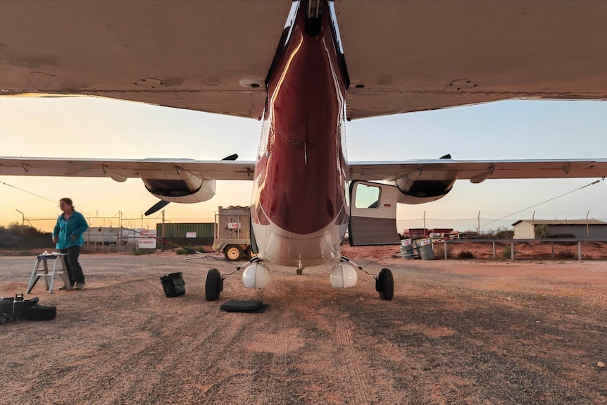 A shot from under the tail of a small plane on the ground looking towards the chassis.