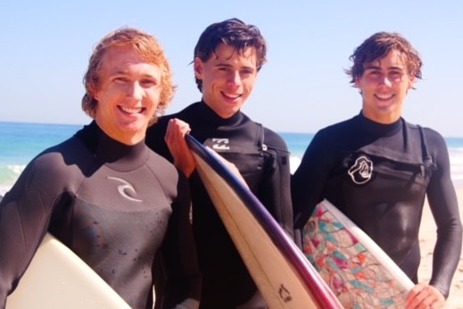 Perth surfers Harley Waddell, Tom Palmer, and Riley Walker, all 17, at Trigg Beach