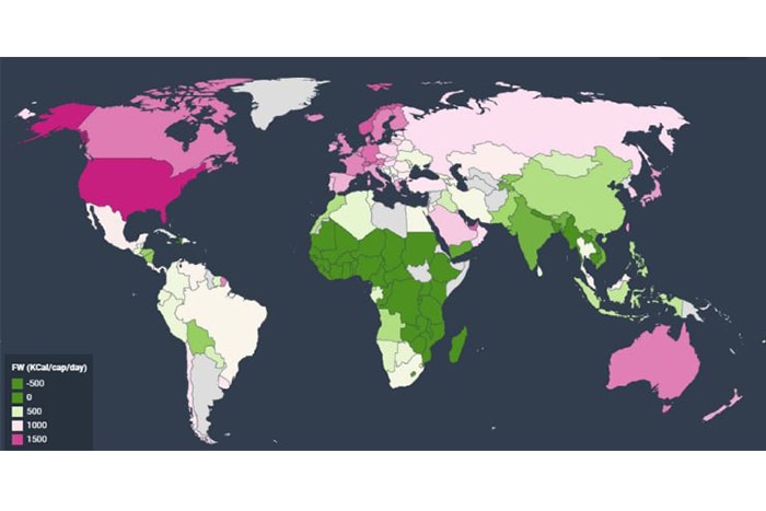Map of the world showing how rich countries waste more food than poor countries
