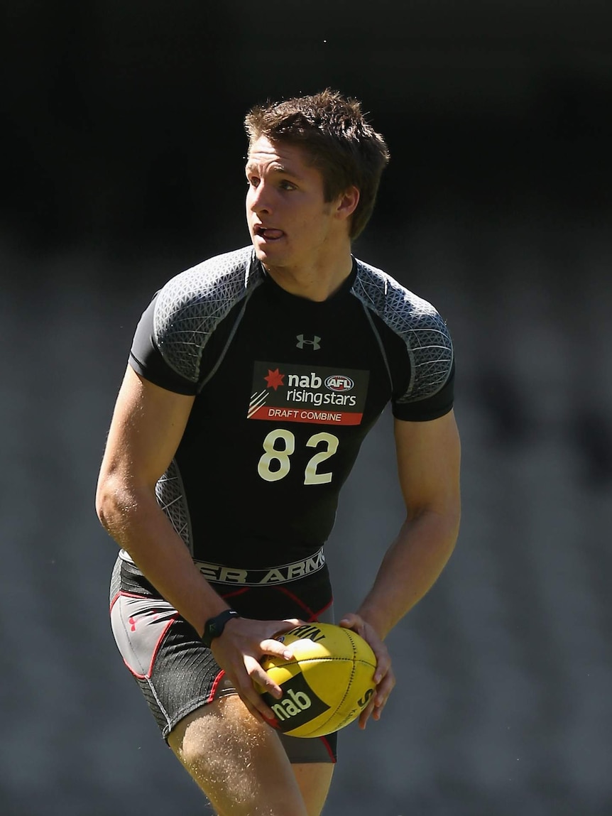 Western Australian teenager Jesse Hogan kicks the ball during the 2012 AFL Draft Combine.