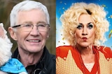 A composite image of Paul O'Grady in 2022 and in character as Miss Hannigan in Annie The Musical.