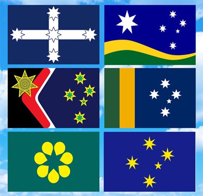 Six alternative designs for the Australian flag; all feature the Southern Cross except the Golden Wattle design
