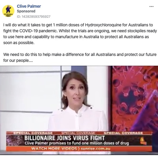 A screenshot of a Facebook ad by Clive Palmer: "I will do what it takes to get 1 million doses of hydroxycholorquine..."