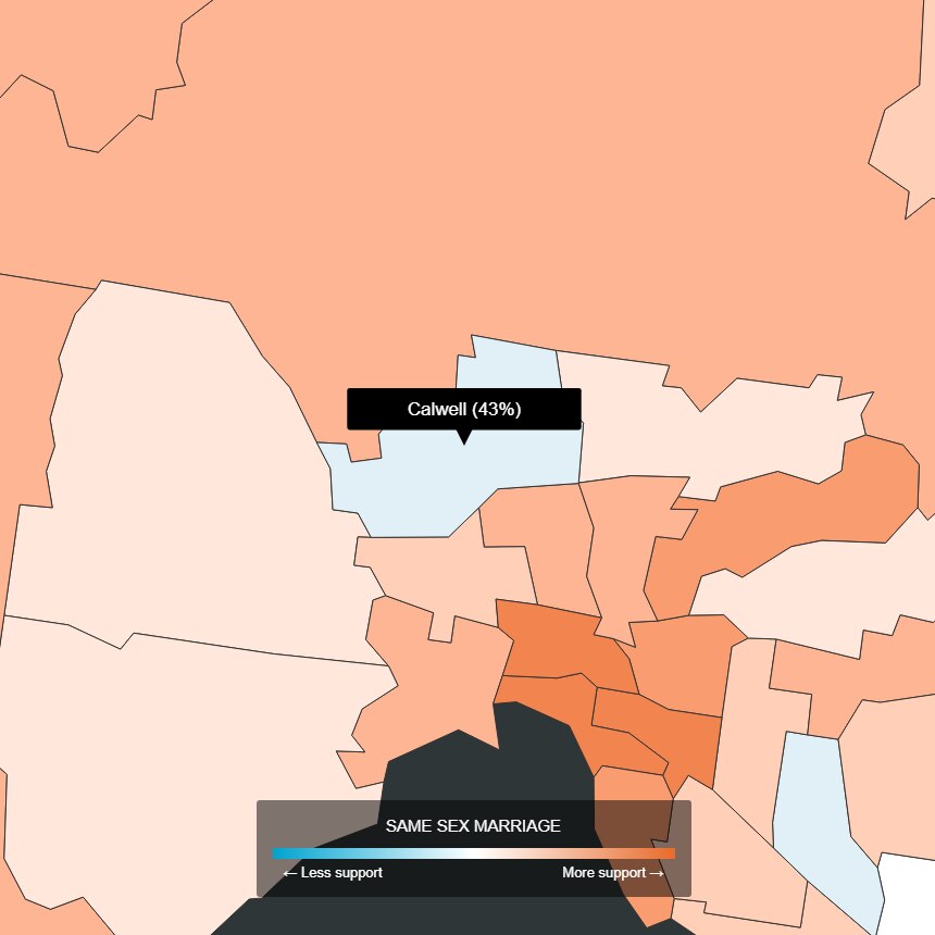 A map shows SSM support in the seat of Calwell was 43 per cent. That's much lower than surrounding seats.