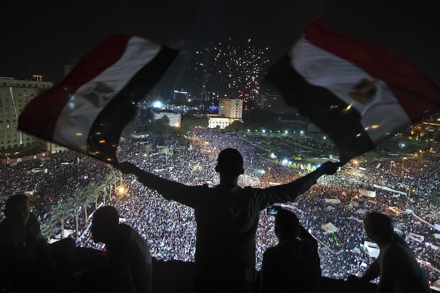 Supporters of the Egyptian military rally in Tahrir Square, Cairo.