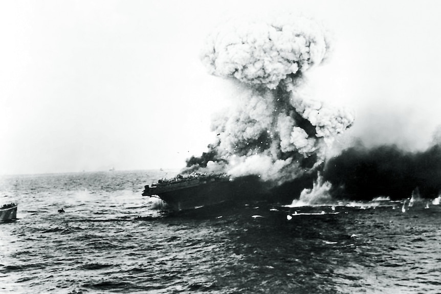 USS Lexington on fire during the Battle of the Coral Sea