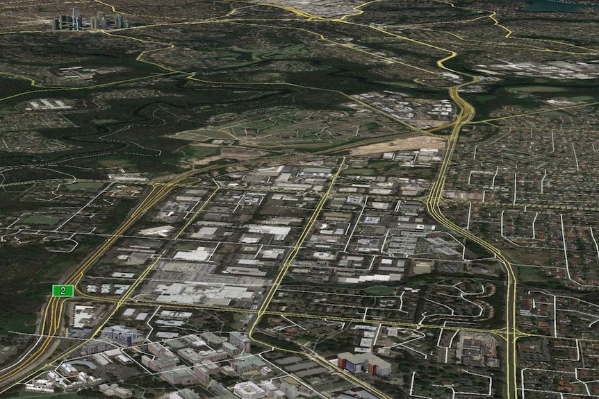 The Sydney suburb of Ryde with Epping Road on the right. It was an area set aside as part of the Green Belt plan for green space in the 1950s.