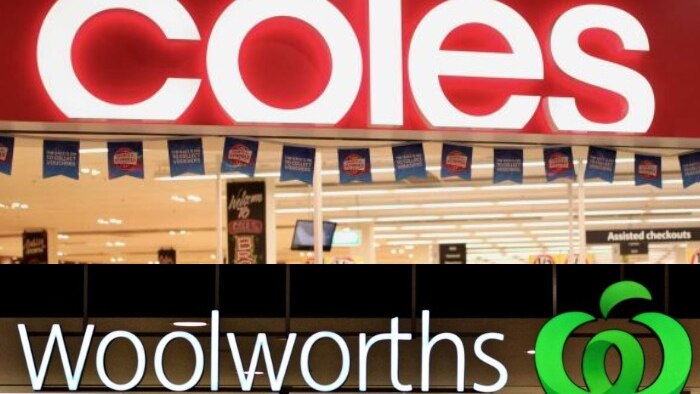 A composite image of a bright red and white sign that says 'coles' and a white sign that says 'woolworths' with a green icon.