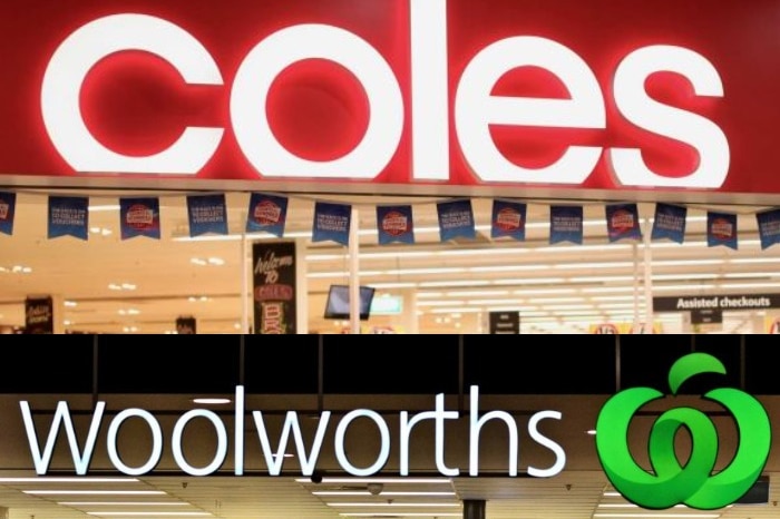 A composite image of a bright red and white sign that says 'coles' and a white sign that says 'woolworths' with a green icon.