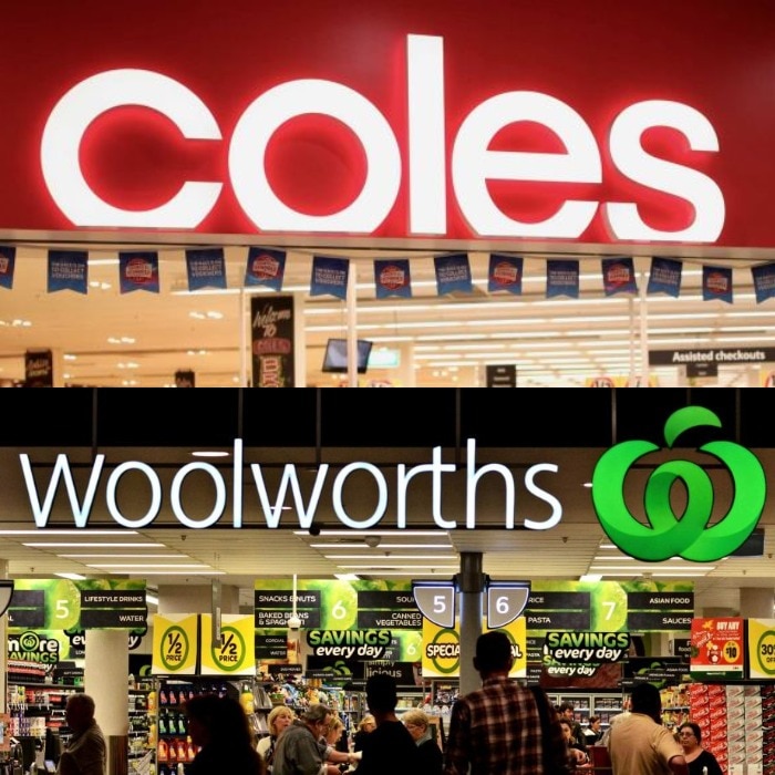 A composite image of a bright red and white sign that says 'coles' and a white sign that says 'woolworths' with a green icon.