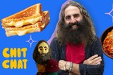 Costa, who has long hair and a bushy beard, smiles against a blue backdrop, with images of a cheese toastie and kimchi.