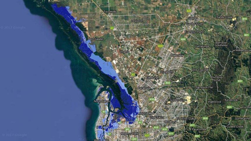 A map of Adelaide shows the effect of a projected 2m sea level rise by 2100 on areas such as Glenelg and Hindmarsh Island