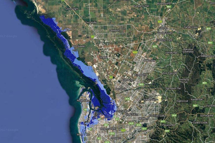 A map of Adelaide shows the effect of a projected 2m sea level rise by 2100 on areas such as Glenelg and Hindmarsh Island