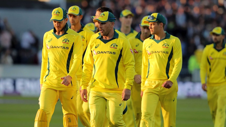 The Australia cricket team walks off the pitch after their ODI defeat by England.