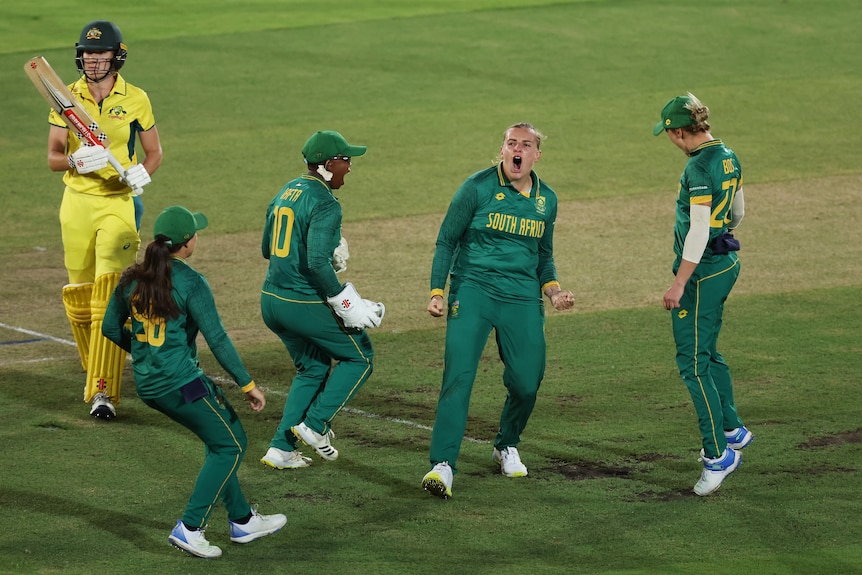 South Africa jump up and down as they celebrate taking an Australian wicket