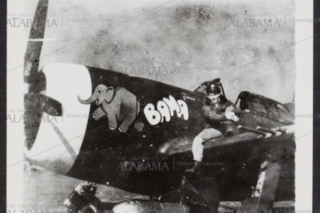 A black-and-white photo of William James sitting on the wing of a bomber. It's painted with an elephant and the word Bama.
