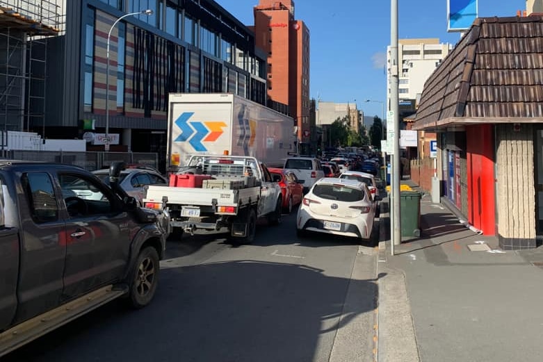 Traffic backed up on a CBD road.