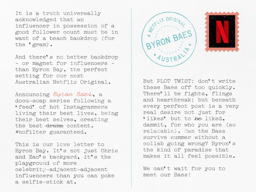 Netflix promotional postcard with text describing Byron Baes.