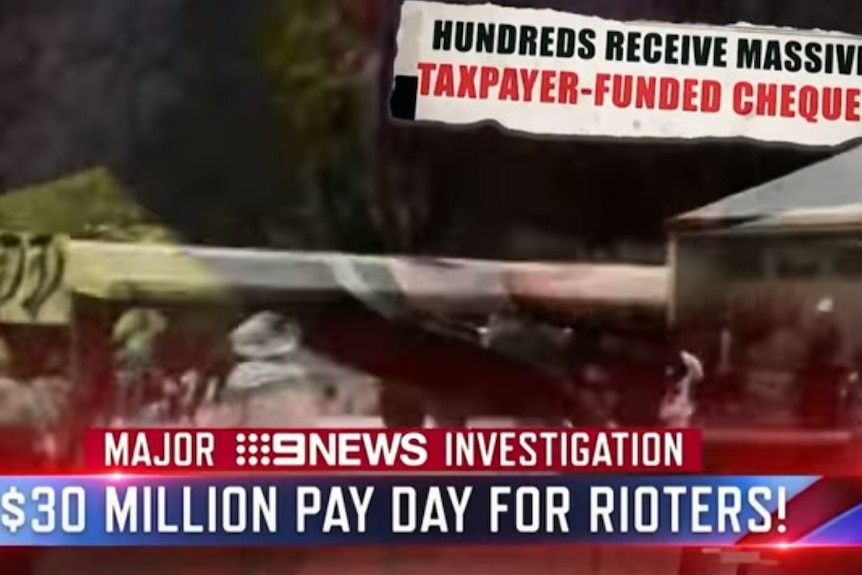 A screengrab of a news report with a banner saying "$30 million payday for rioters!"