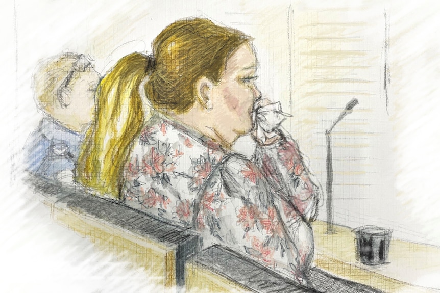 Sketch of Kerri-Ann Conley in court for hearing after pleading guilty to manslaughter of daughters, tissue to her mouth