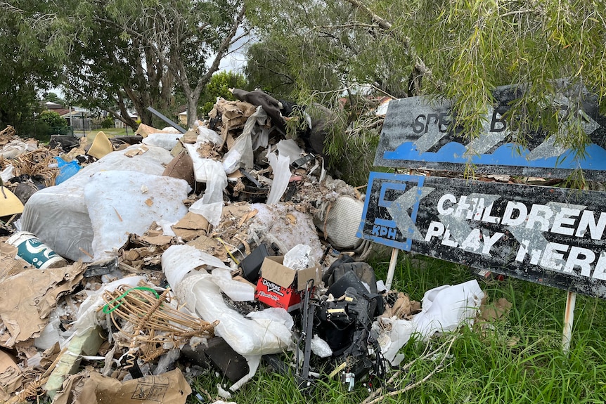 An image of rotting flood waste at a park 
