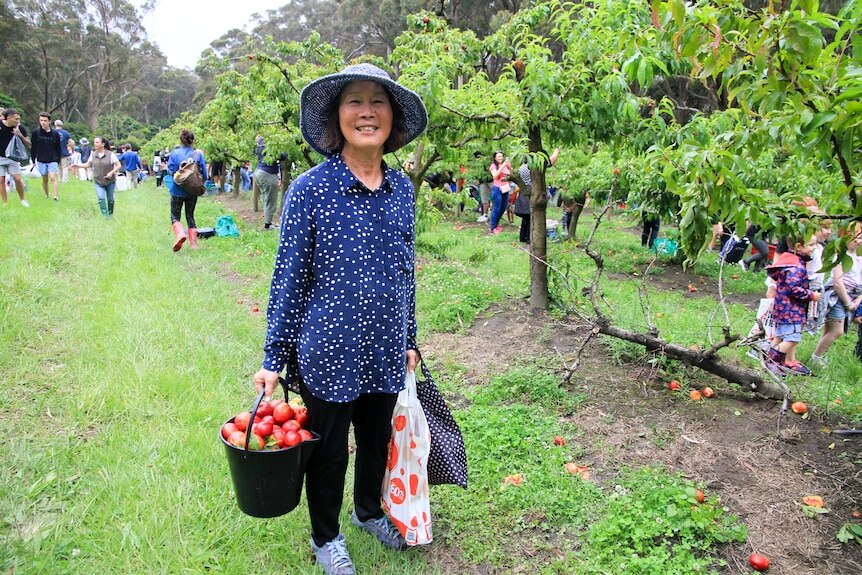 A woman with a bucket of fruit and lots of people in the background.