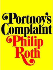 Yellow background with the book title Portnoy's Complaint in black letters and author's name Philip Roth in red letters