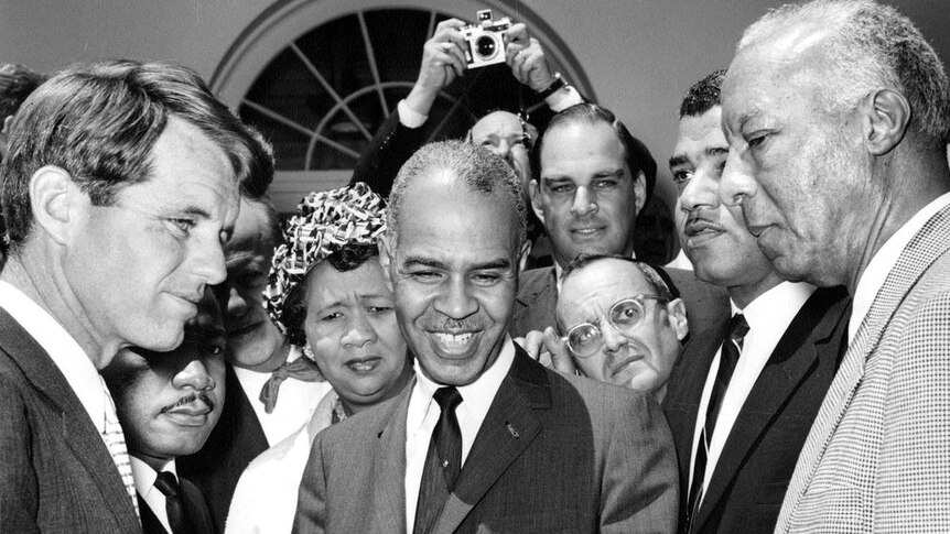 Robert F Kennedy is seen alongside two civil rights leaders