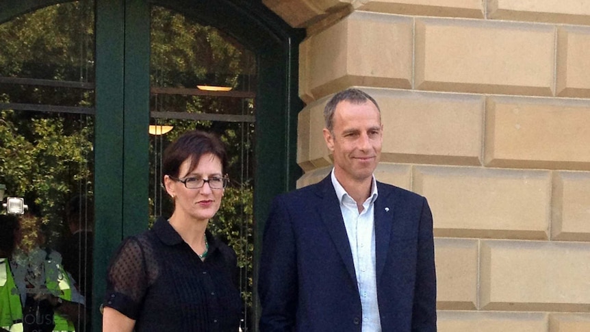 Former Greens cabinet ministers Cassy O'Connor and Nick McKim outside Parliament House Hobart.