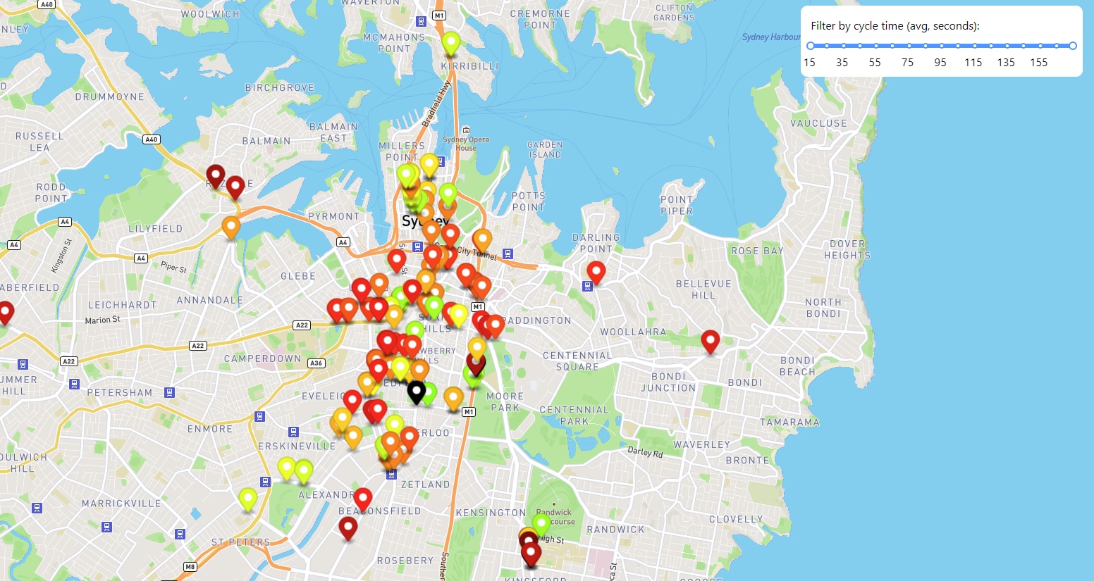 A map of Sydney covered in different coloured markers