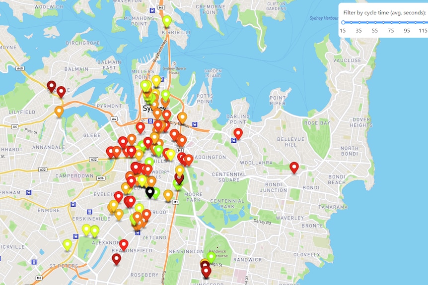 A map of Sydney covered in different coloured markers