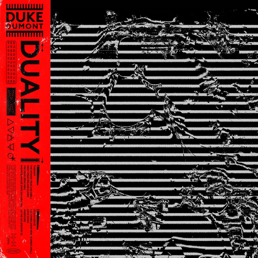 Distorted white lines on a black background, with a red banner on the left with artist album details