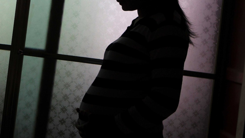 A pregnant woman poses for pictures during an interview.