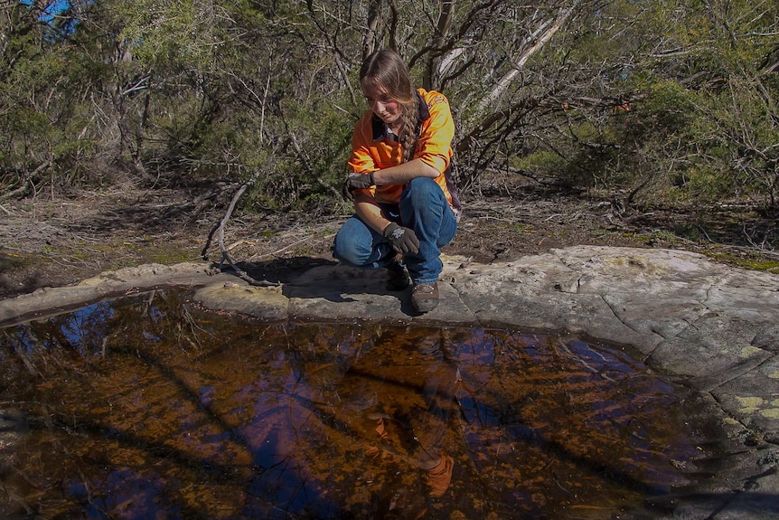 A young woman looking at a rock pool of water with lined markings in the rock