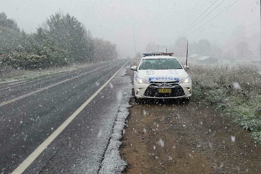 A police car pulled over on the side of the road as snow falls.