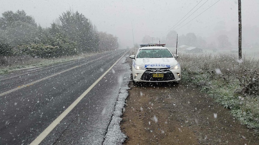 A police car pulled over on the side of the road as snow falls.