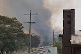 Smoke billows at the end of a road into the sky surrounded by houses and cars.