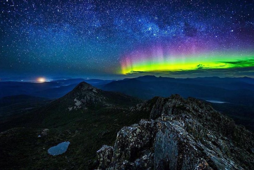 Aurora Australis from the summit of Hartz Mountain in southern Tasmania, by Instagram @shaunmittwollen.