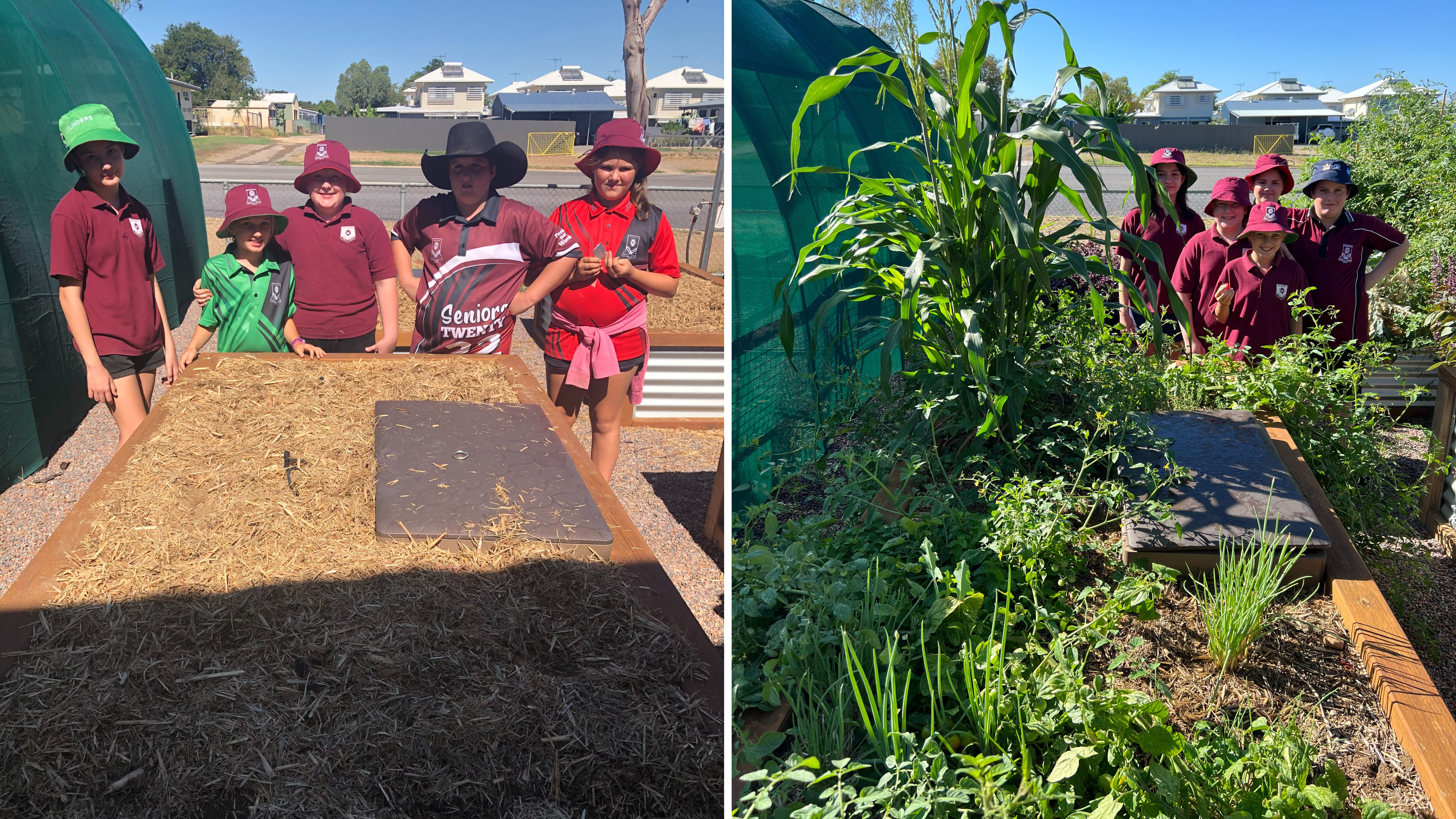 A group of students standing behind a recently mulched garden bed, with no idea whether veggies would grow. 