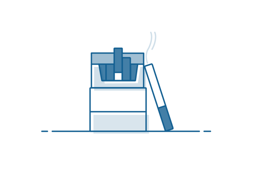 Icon drawing of a packet of cigarettes with one cigarette leaning against box smoking.