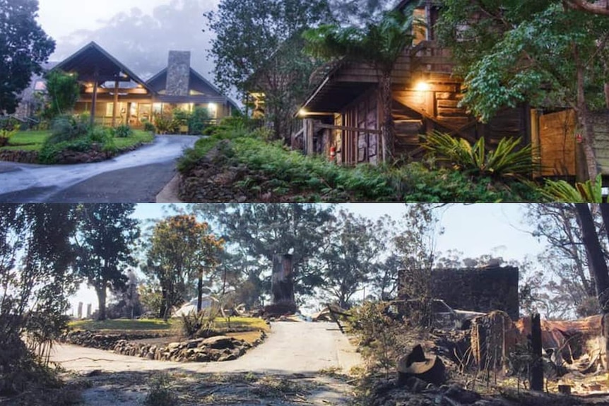 Before and after the bushfire that destroyed Binna Burra lodge