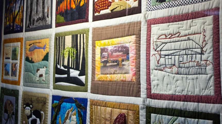 Boolarra quilting group's 2009 bushfire quilt, now on display in the town's hall.