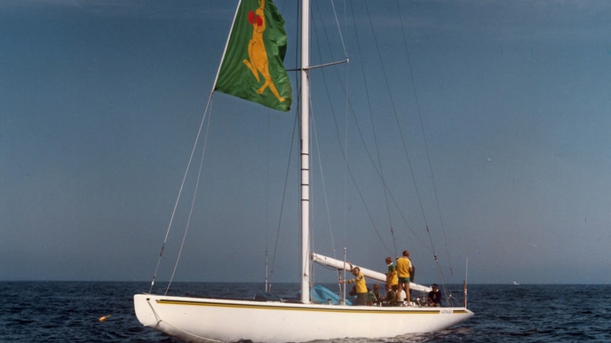 Australia II flies the Boxing Kangaroo flag