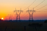 Power lines on a plain with the sun setting behind them